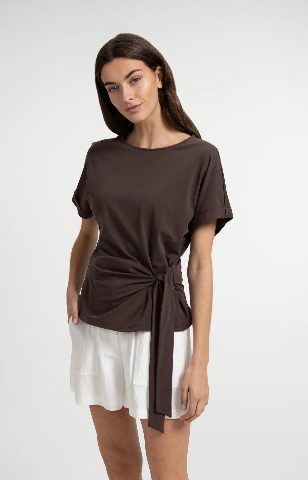 YAYA Round Neck Knot Detail Top