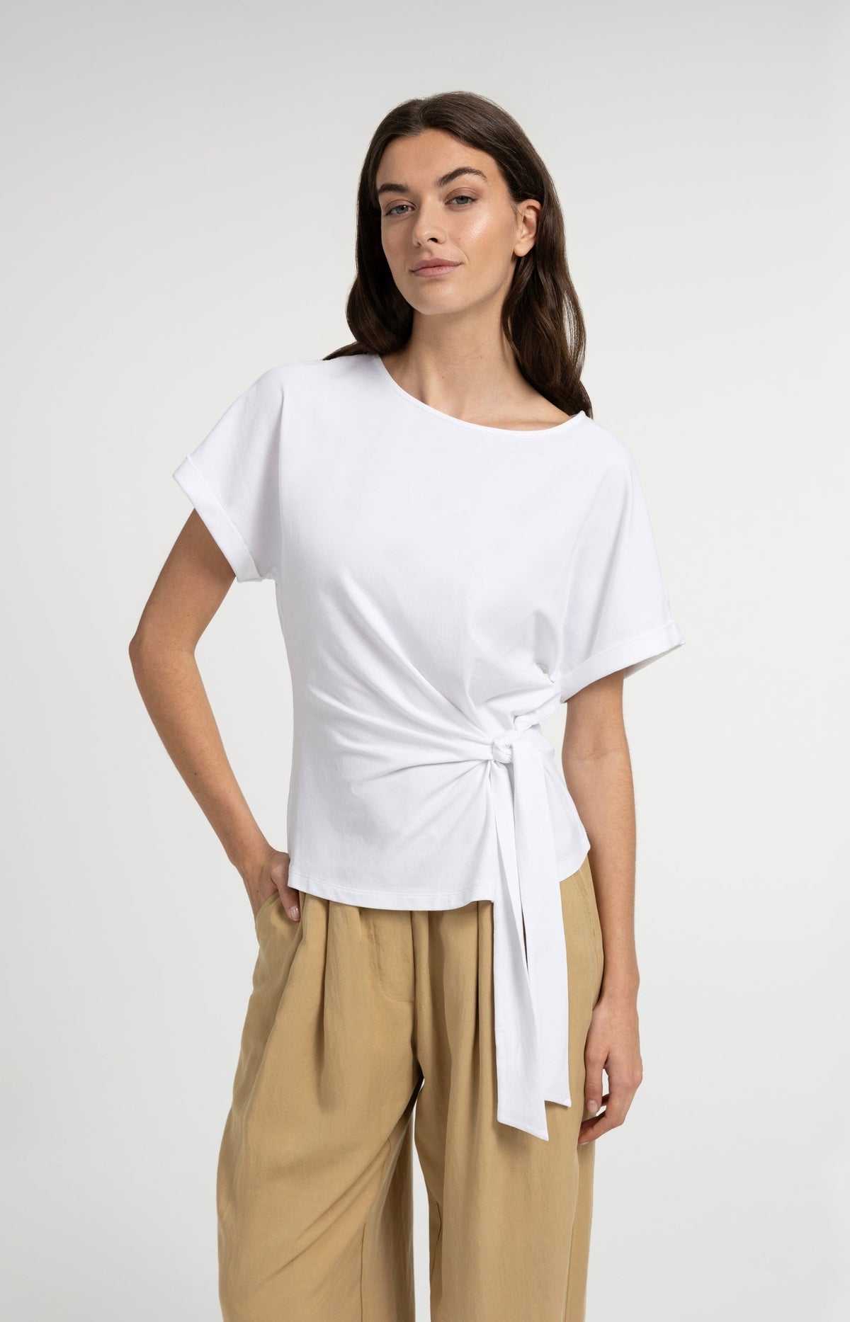 Round Neck Knot Detail Top - YAYA - Pure White