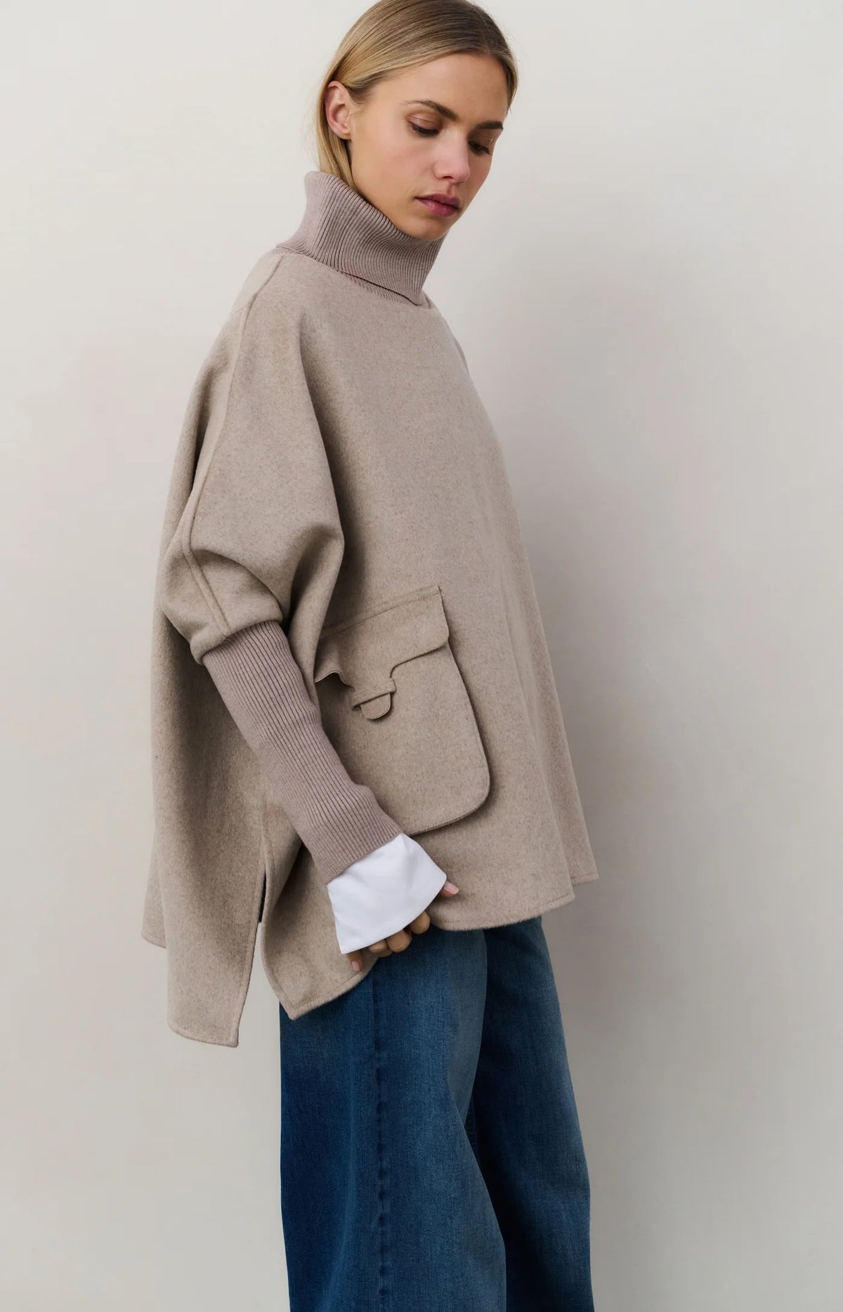 Wool Blend Poncho with Turtleneck